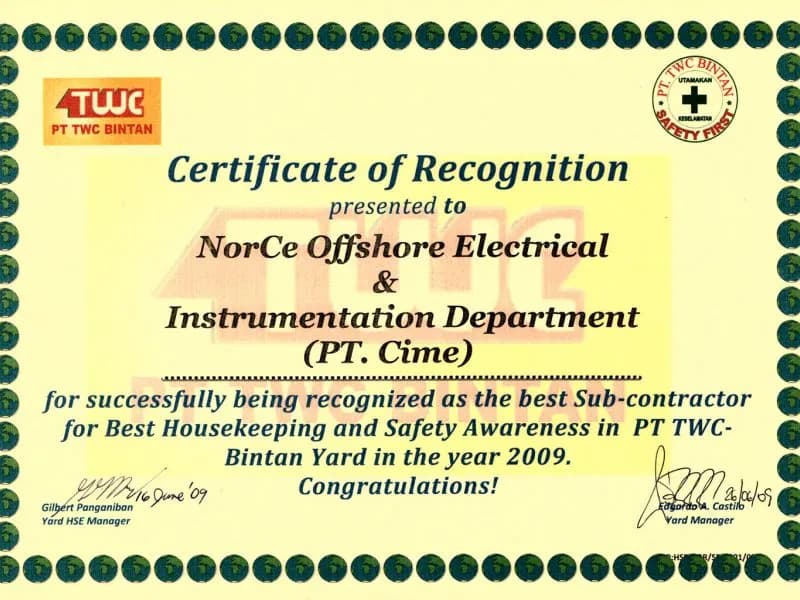 Certificate of Recognition — Best Sub-contractor for Best Housekeeping & Safety Awareness