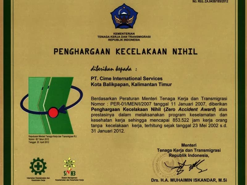 Zero Accident Award — 853,522 jam kerja