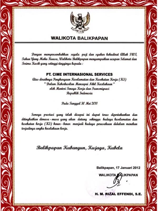 Apresiasi atas Keberhasilan Mencapai Nihil Kecelakaan