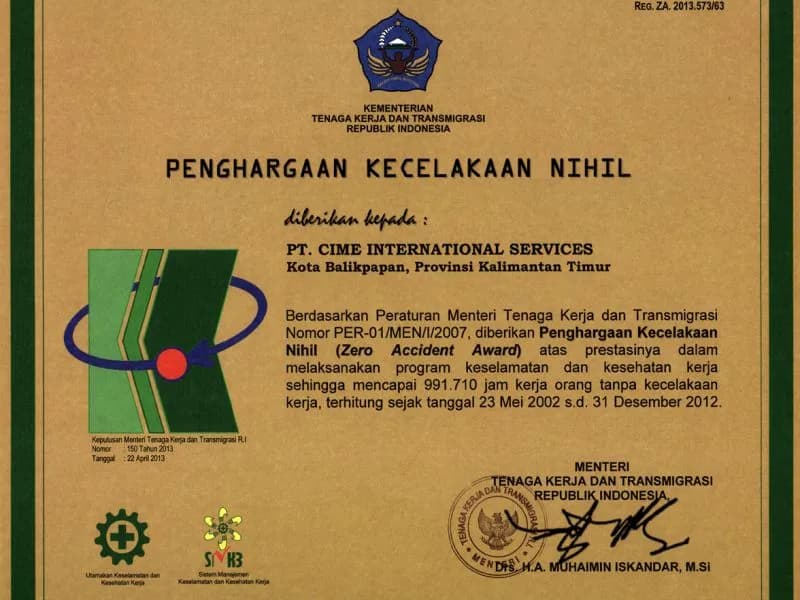 Zero Accident Award — 991,710 jam kerja