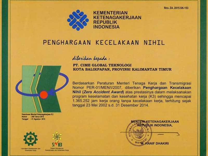 Zero Accident Award — 1,365,252 jam kerja