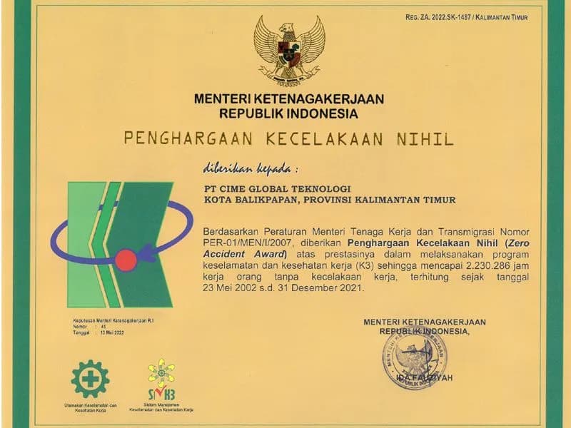 Zero Accident Award — 2,230,286 jam kerja