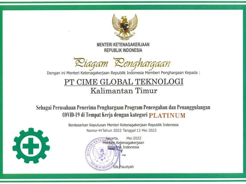 Piagam Penghargaan Program Pencegahan COVID-19 di Tempat Kerja — Kategori Platinum
