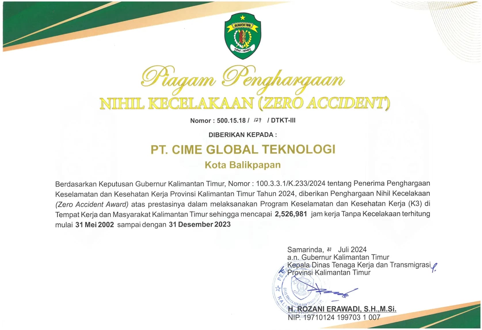 Zero Accident Award — 2,526,981 jam kerja