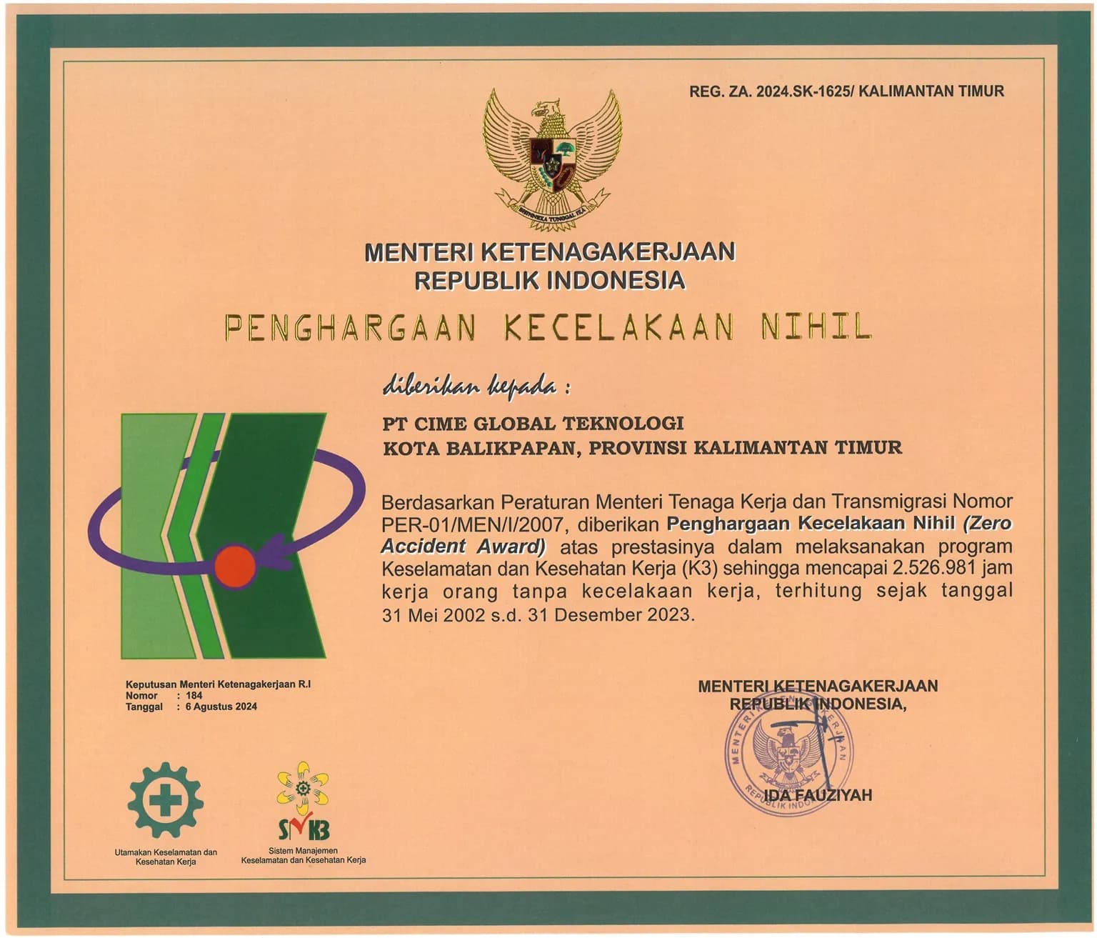 Zero Accident Award — 2,526,981 jam kerja