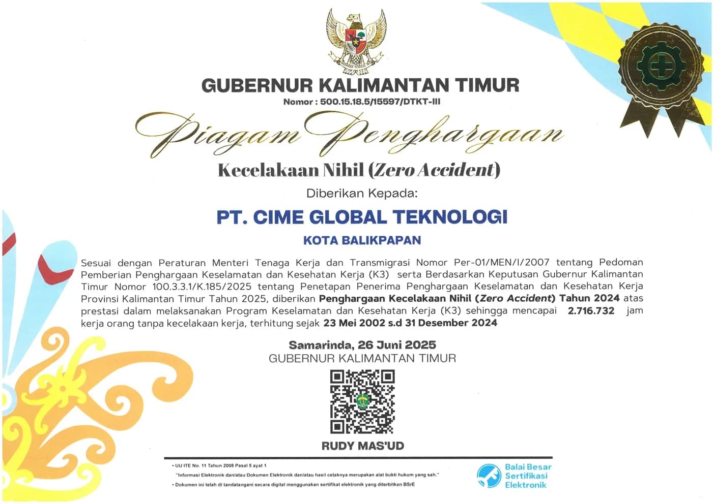 Zero Accident Award — 2,716,732 jam kerja